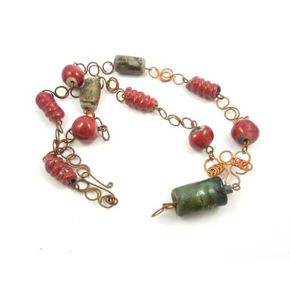 Vintage Rustic Tribal Western Oxidized Cooper Clay Beads Necklace 17" Handcraft - Picture 2 of 11